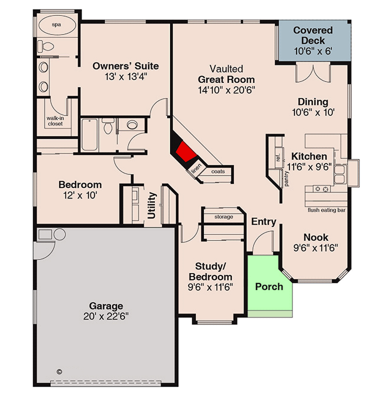 Plan 720174DA: Traditional Ranch House Plan with Vaulted Great Room and Library - Floor Plan - Main Level - Country, Farmhouse, Ranch, Traditional