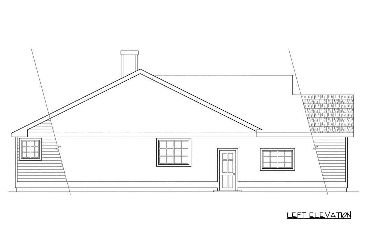 Left elevation drawing of a house plan showing a single story with a gabled roof, chimney, and multiple windows.