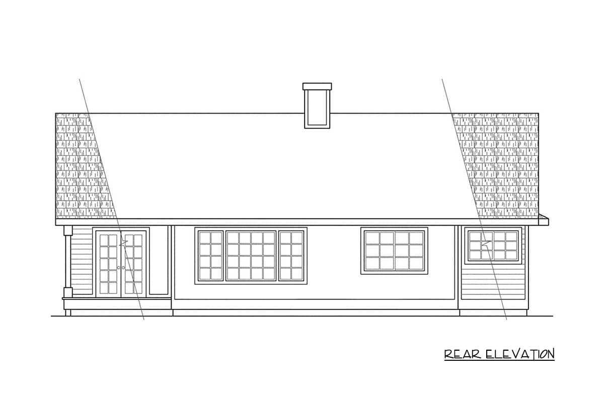 Rear elevation drawing of a one-story house plan with double doors, multiple windows, a chimney, and a mansard roof.