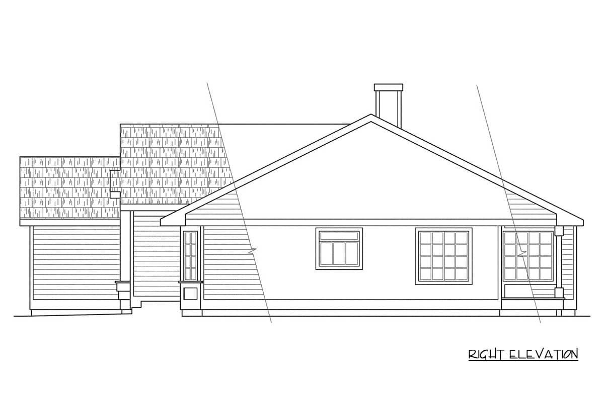 Right elevation drawing of a house plan with shingled roof, horizontal siding, chimney, and multiple windows.