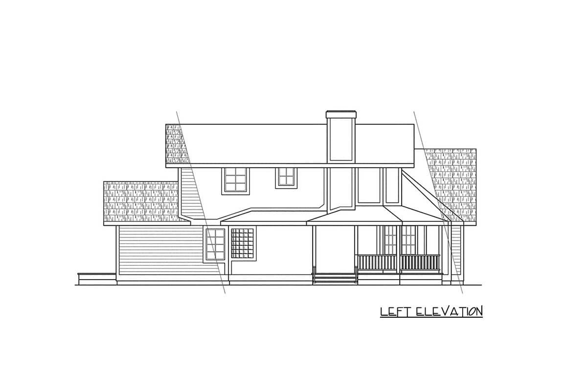 Left elevation of a two-story house plan with a covered porch, gables, and hip roof.