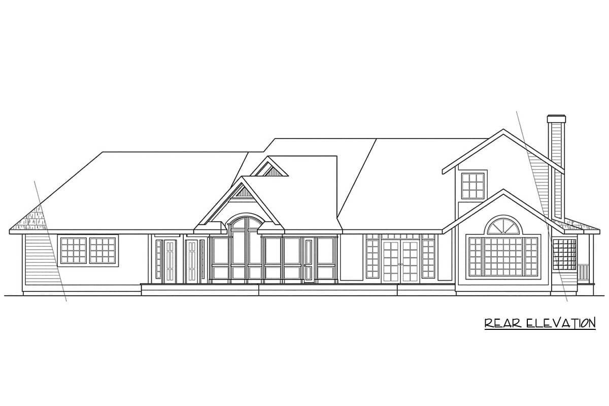 Rear elevation drawing of a house plan featuring multiple gables, dormers, French doors, and a prominent chimney.