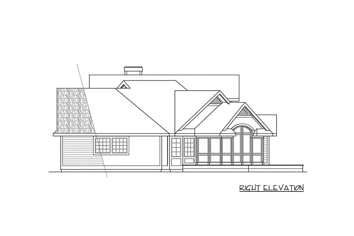 Right elevation drawing of a house plan with gables, a dormer, a sunroom, and a chimney.