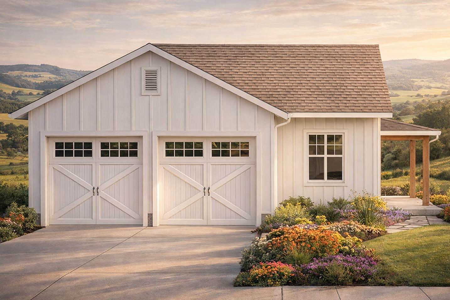 House plan exterior: Modern Farmhouse style, two-car garage with X-brace doors, gable vents, and covered porch.