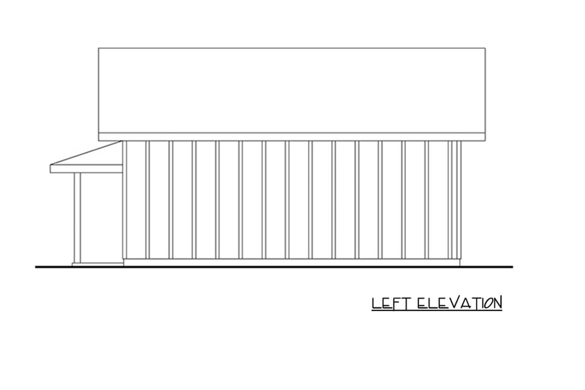 Left elevation drawing of a house plan showing a covered entry with vertical siding.