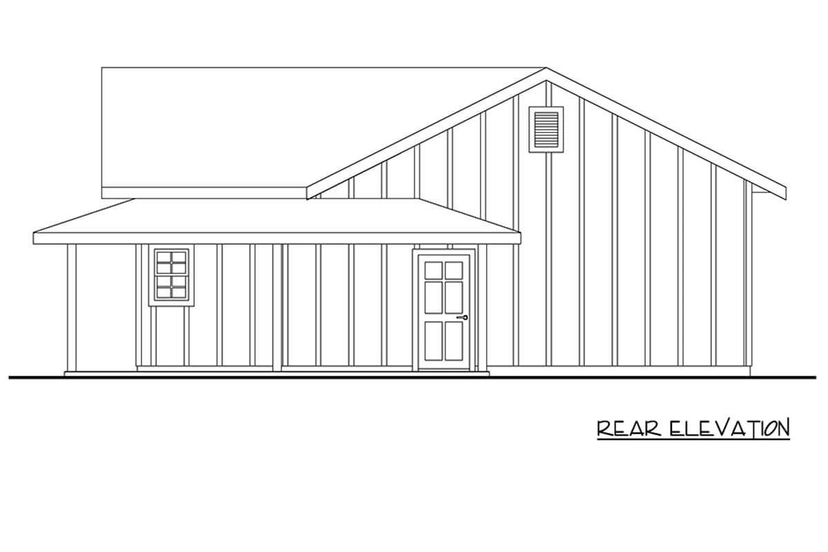 Rear elevation drawing of a house with a covered porch, front door, window, and gabled roof.