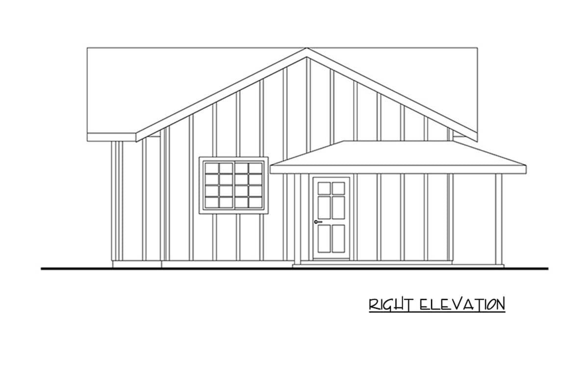 House plan right elevation drawing showing a single-story structure with vertical siding, a prominent gable roof, and a covered front entry.