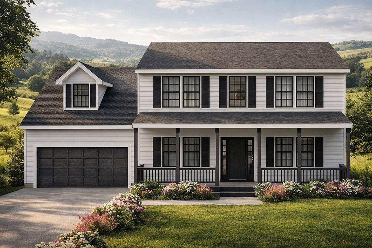 House plan exterior: two-story Modern Farmhouse with front porch, dormer, and attached garage.