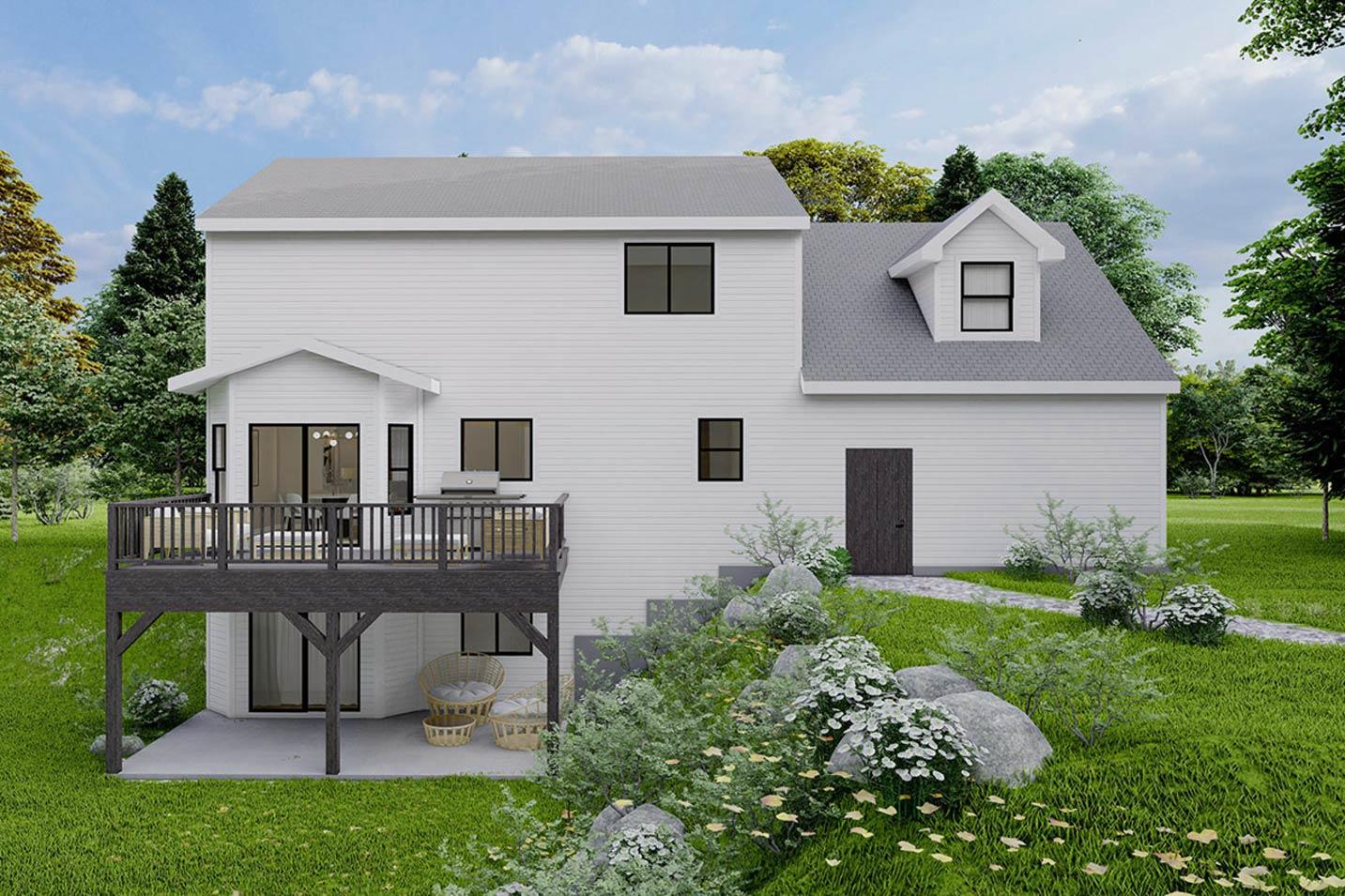 House plan exterior. Two-story modern home with a large deck, gabled dormer, and white siding.