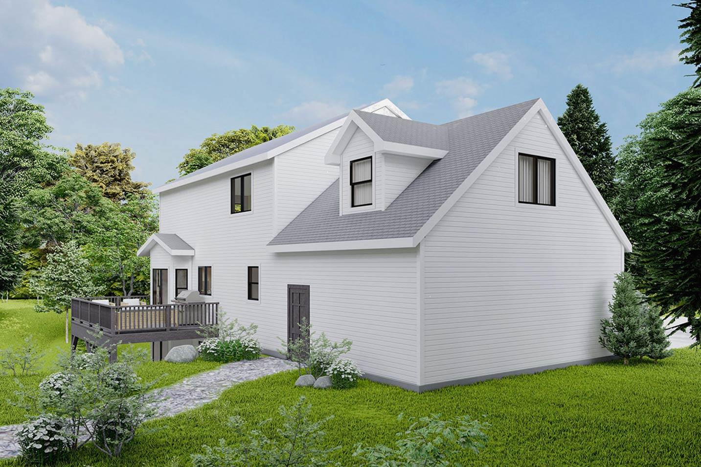 House plan exterior: Two-story modern farmhouse with gables, dormer, and deck.