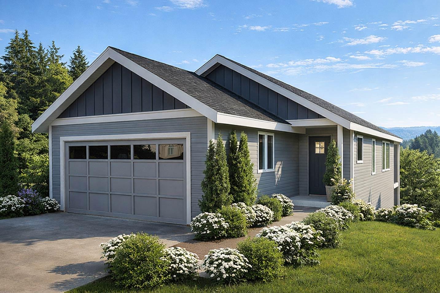 House plan exterior: one-story home with attached garage, gabled front dormer, and covered entry porch.