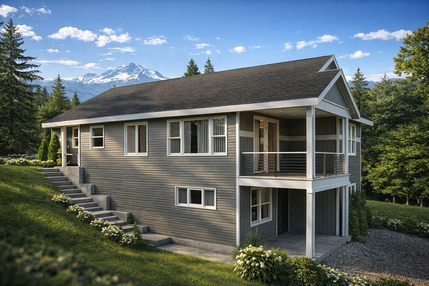 House plan exterior, two stories, with a covered upper balcony, wide gable roof, and side staircase.