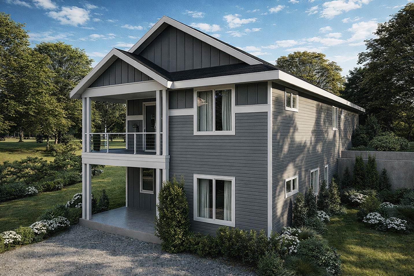 House plan exterior: Two-story modern home with a covered upper balcony, gabled roof, and horizontal siding.