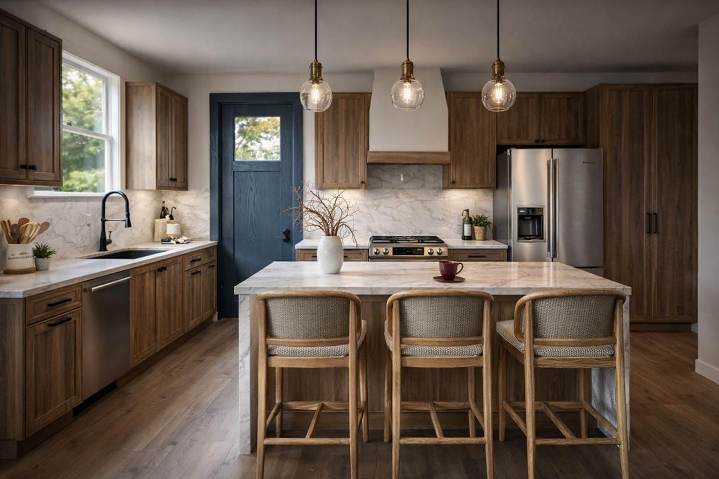 Modern kitchen interior with wood cabinetry, marble countertops, central island with seating, stainless steel appliances, and a blue paneled door.