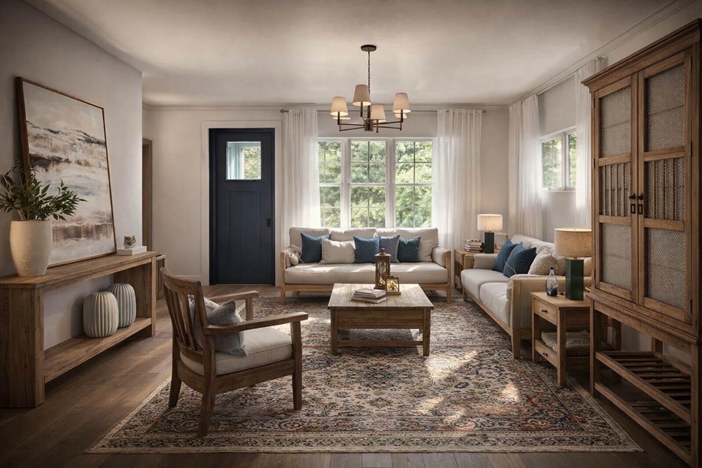 Living room with two sofas, wood furniture, patterned rug, dark door with window, and large windows overlooking trees.