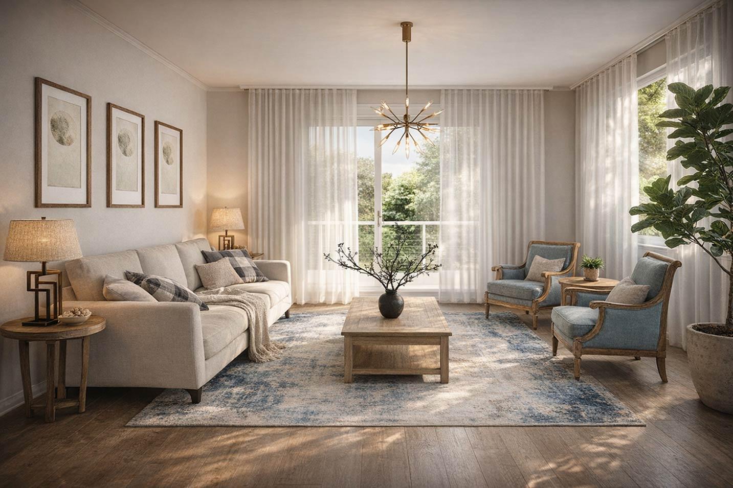 Living room with sectional sofa, patterned rug, two armchairs, coffee table, and large window with sheer curtains.
