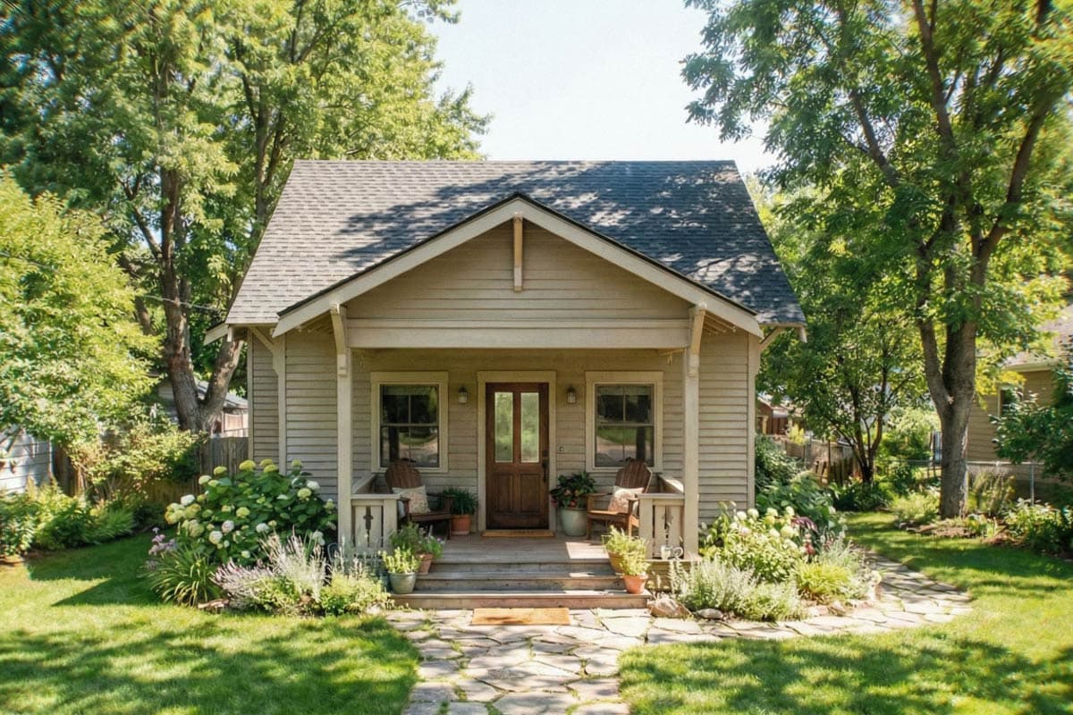Craftsman style house plan exterior, one story, with a covered front porch, central door, and two windows.
