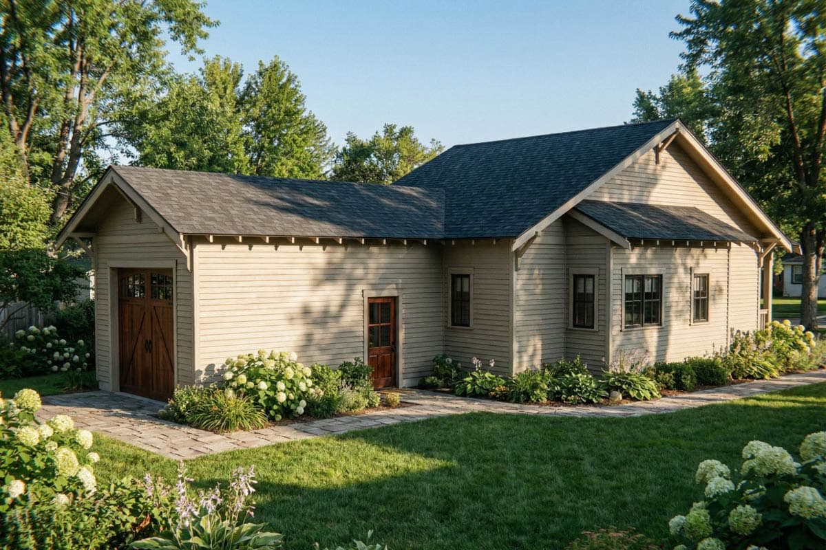 House plan exterior: One-story home with detached garage, exposed rafter tails, wood garage door, and covered entry.