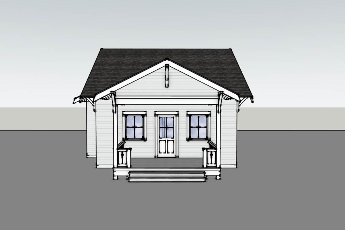 House plan exterior: One-story cottage with a covered front porch, double front door, and two side windows with cross-panes.