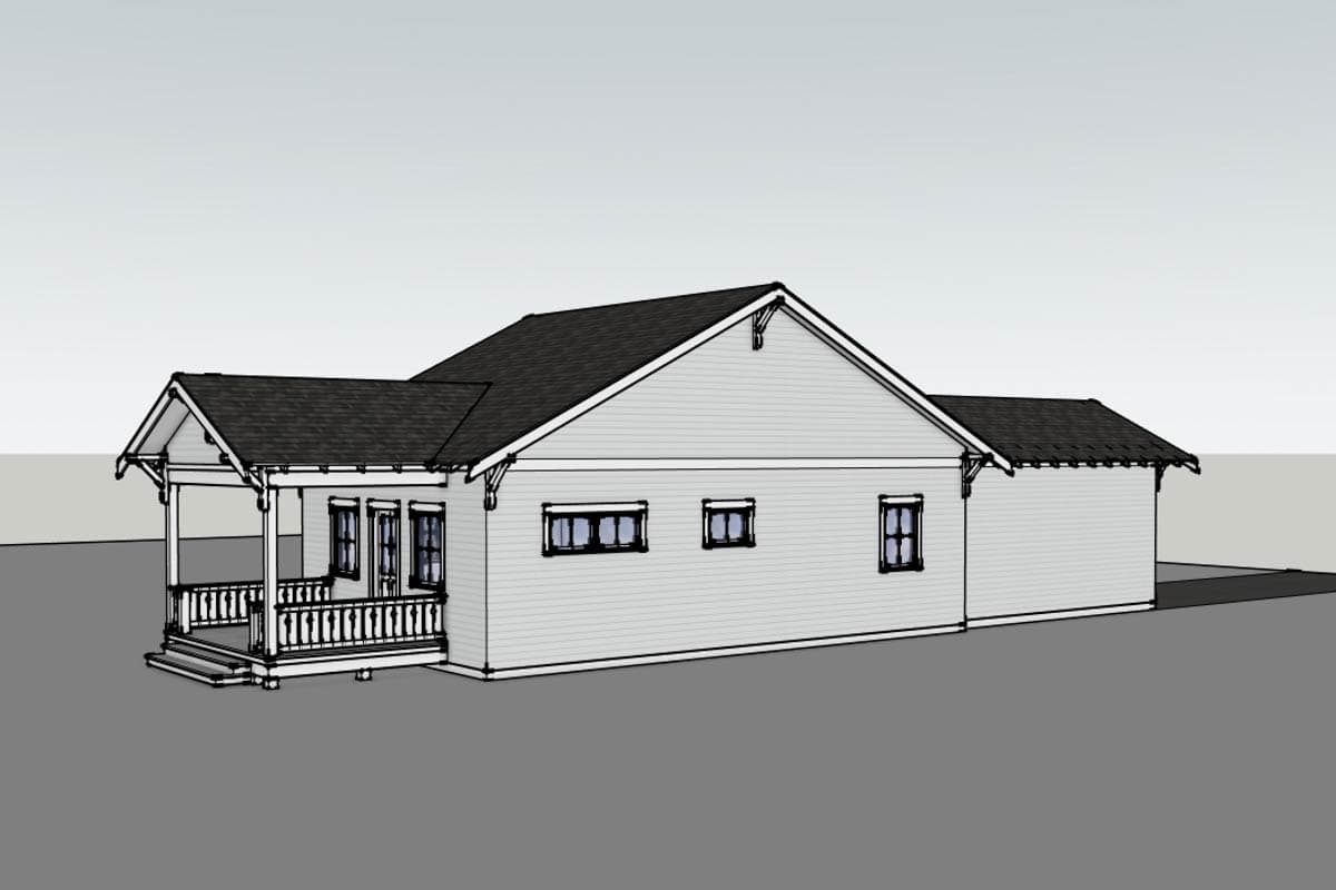 House plan exterior, one story, with covered front porch, gabled rooflines, and adjacent garage.