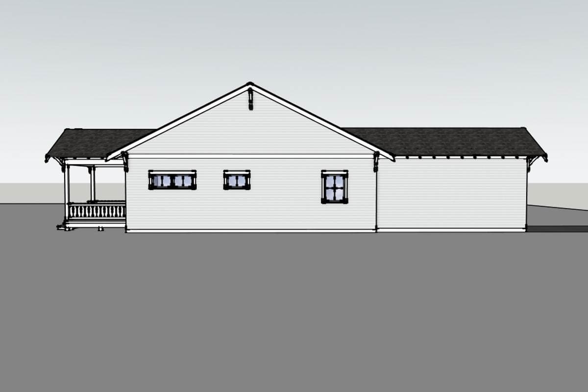 House plan exterior elevation: Single-story ranch with gabled roof, front porch with railing, and vinyl siding.