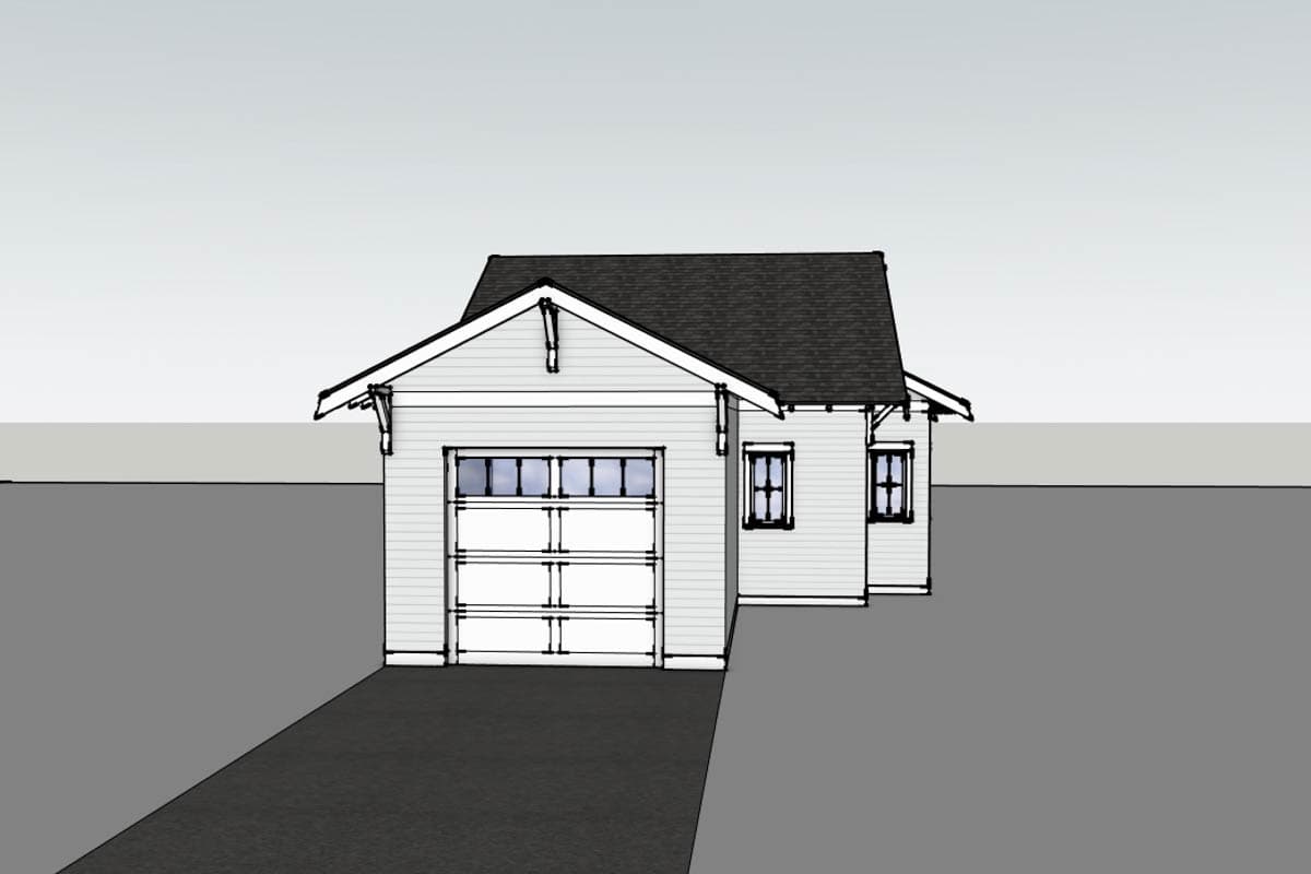 House plan exterior: one-story, detached garage with white paneled door, gable roof, and two windows.