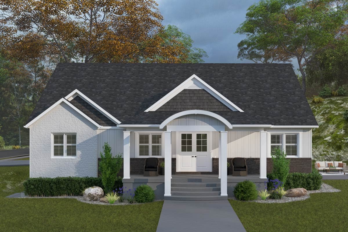 House plan exterior: One-story Modern Farmhouse with gabled dormers, arched entry porch, white double doors, and varied siding.