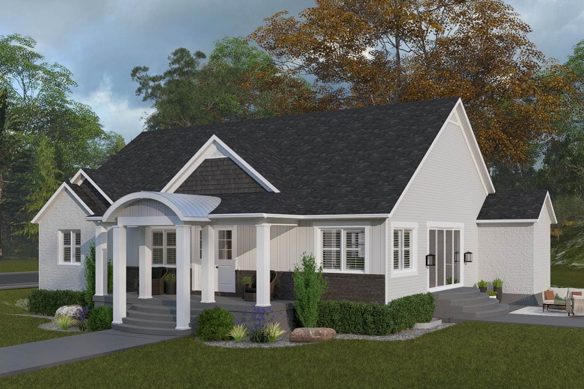 House plan exterior: Ranch style, one story with arched entry porch, multiple gables, and shingle and siding accents.