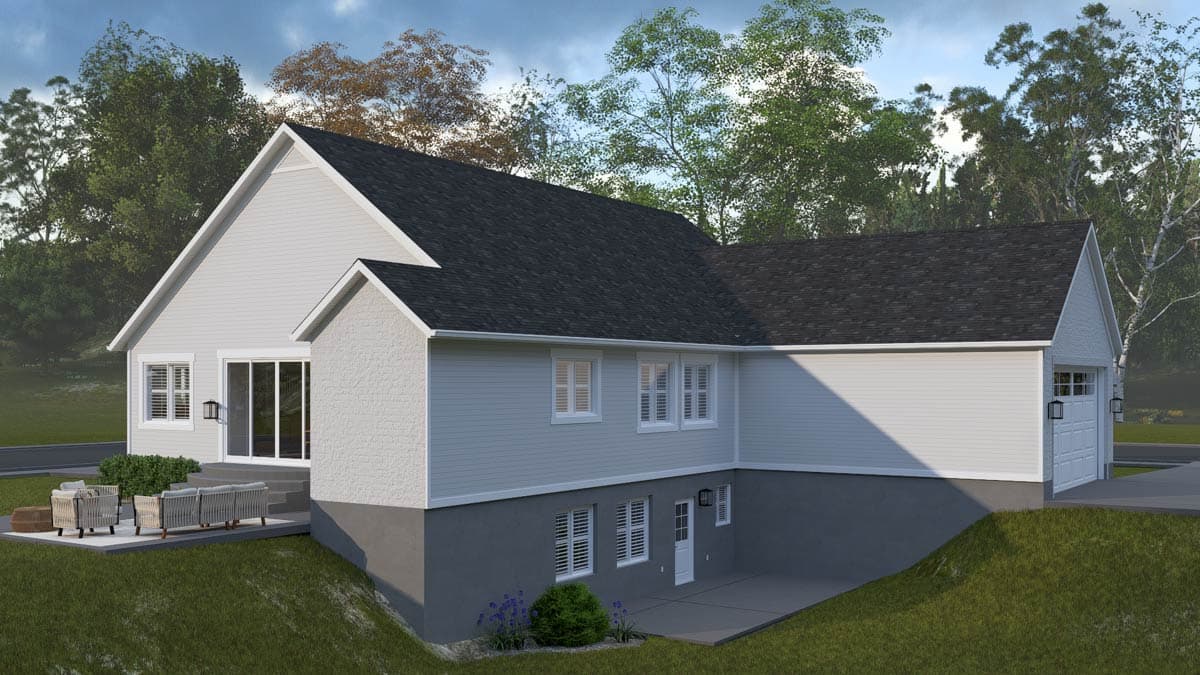 House plan exterior: two-story home with gable roof, white siding, stone accents, and attached garage.