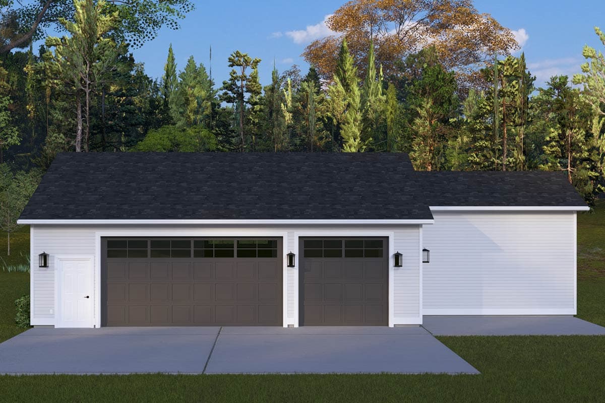 House plan exterior: Two-car garage with a single side door, horizontal panel doors with glass top sections, and a gable roof.