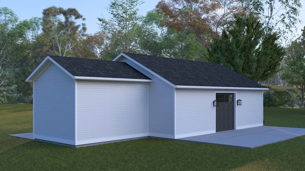 House plan exterior with gable rooflines, horizontal siding, and a large garage door with decorative windows.