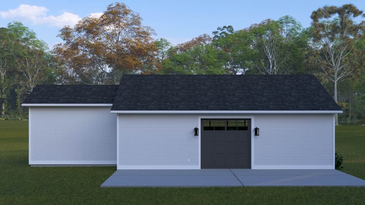 House plan exterior: single-story, horizontal siding, dark garage door with glass panes, and two exterior lights.