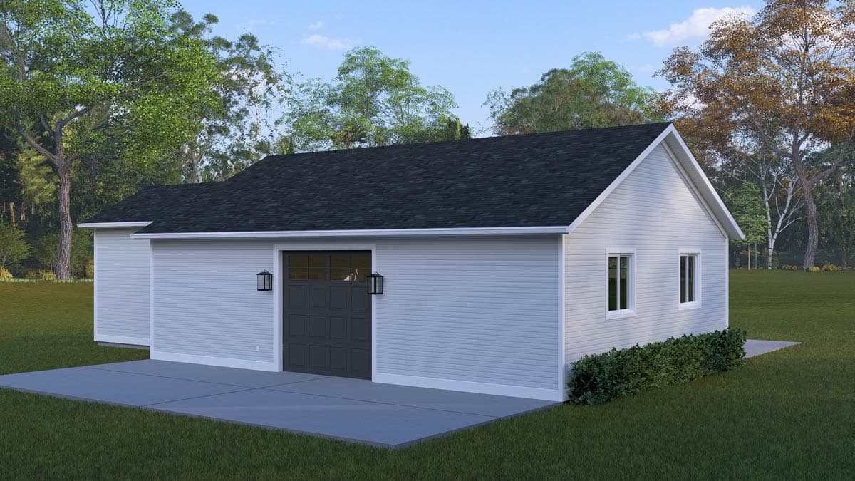 House plan exterior: one-story structure with a gabled roof, single garage door with windows, and two rectangular windows.