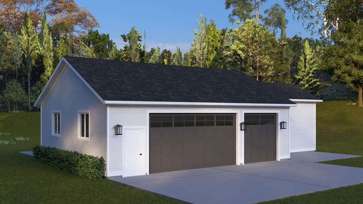House plan exterior: Two-car garage with a side entrance door, gable roof, and paneled garage doors.