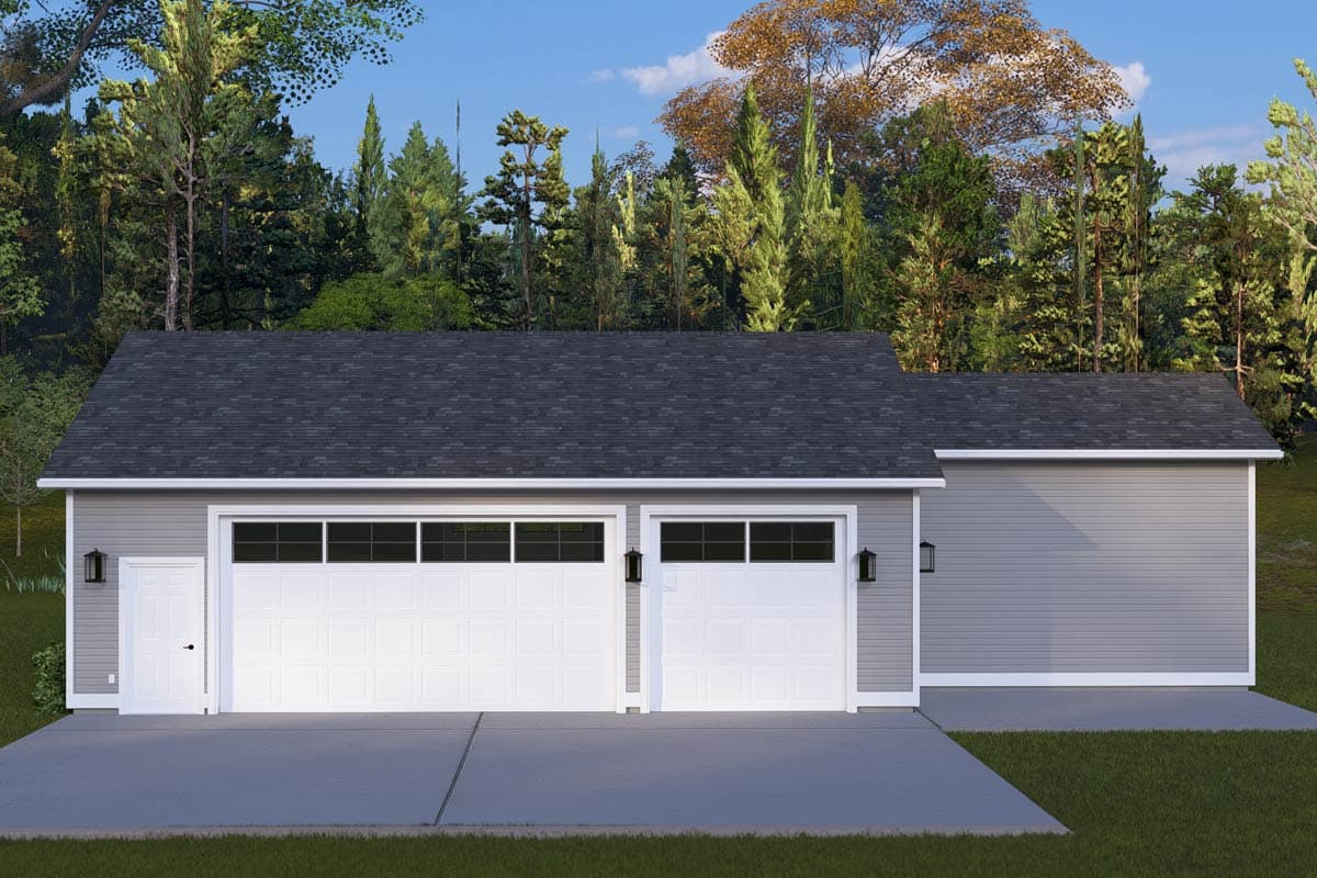 House plan exterior with a two-car garage, single side door, and adjacent single garage bay. Features horizontal siding and dark pitched roof.