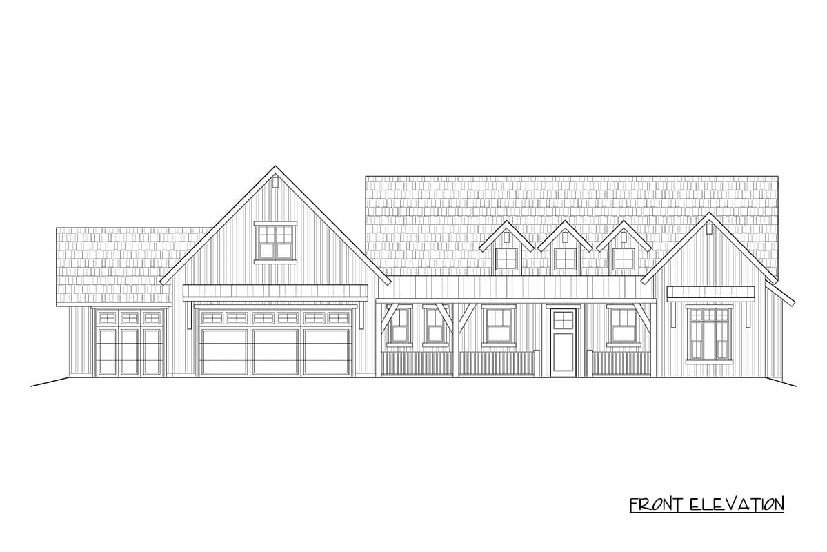 Front elevation drawing of a house plan with a covered porch, multiple gables, dormer windows, and a side-facing garage.