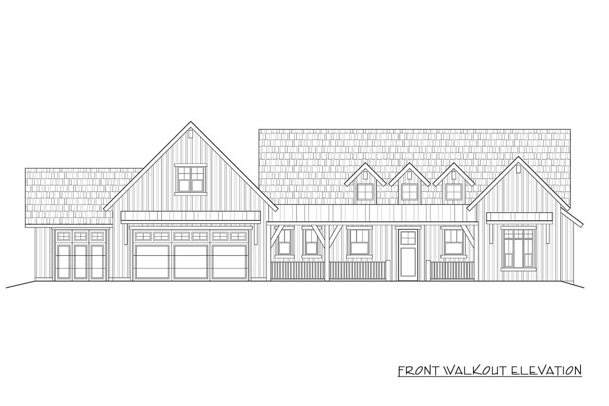 Front walkout elevation drawing of a Modern Farmhouse with a side-entry garage, dormers, and a covered porch.