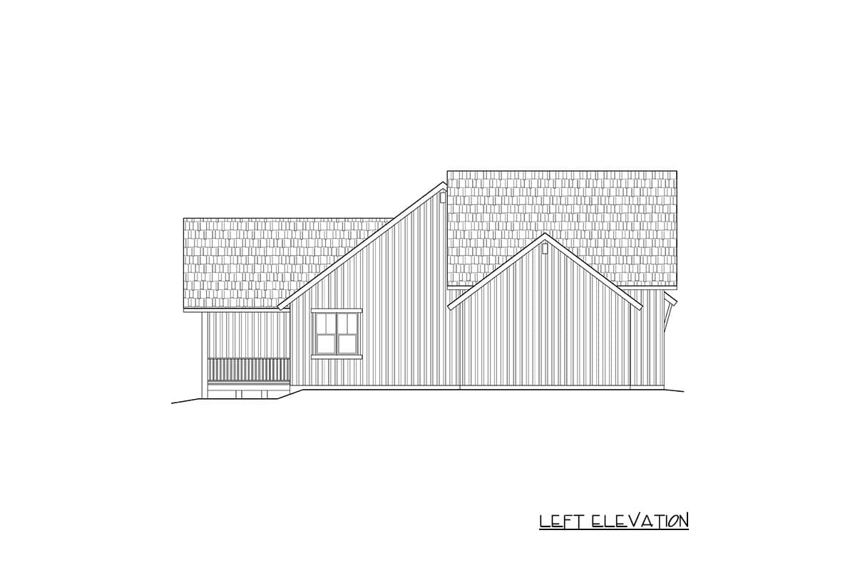 Left elevation drawing of a house plan with a covered porch, multiple gables, and vertical siding.