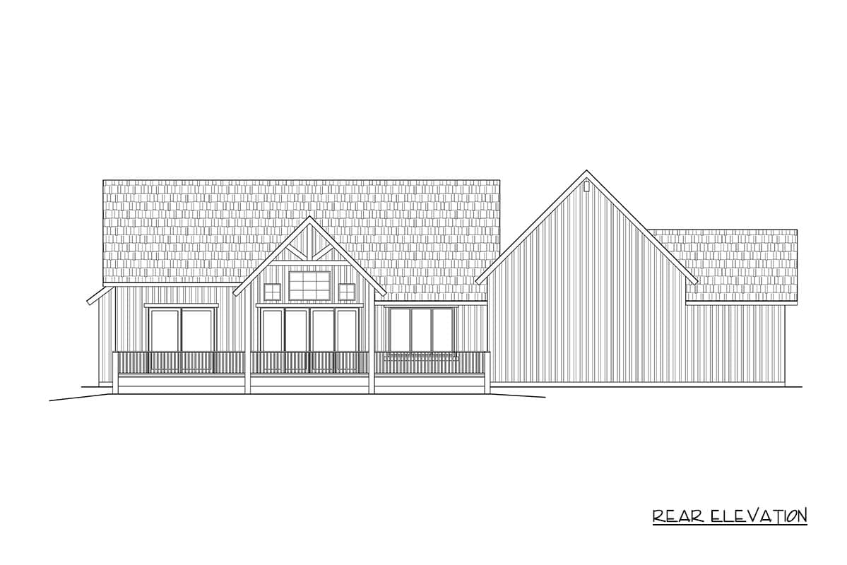 Rear elevation drawing of a house plan featuring a covered porch, multiple windows, and gabled rooflines.
