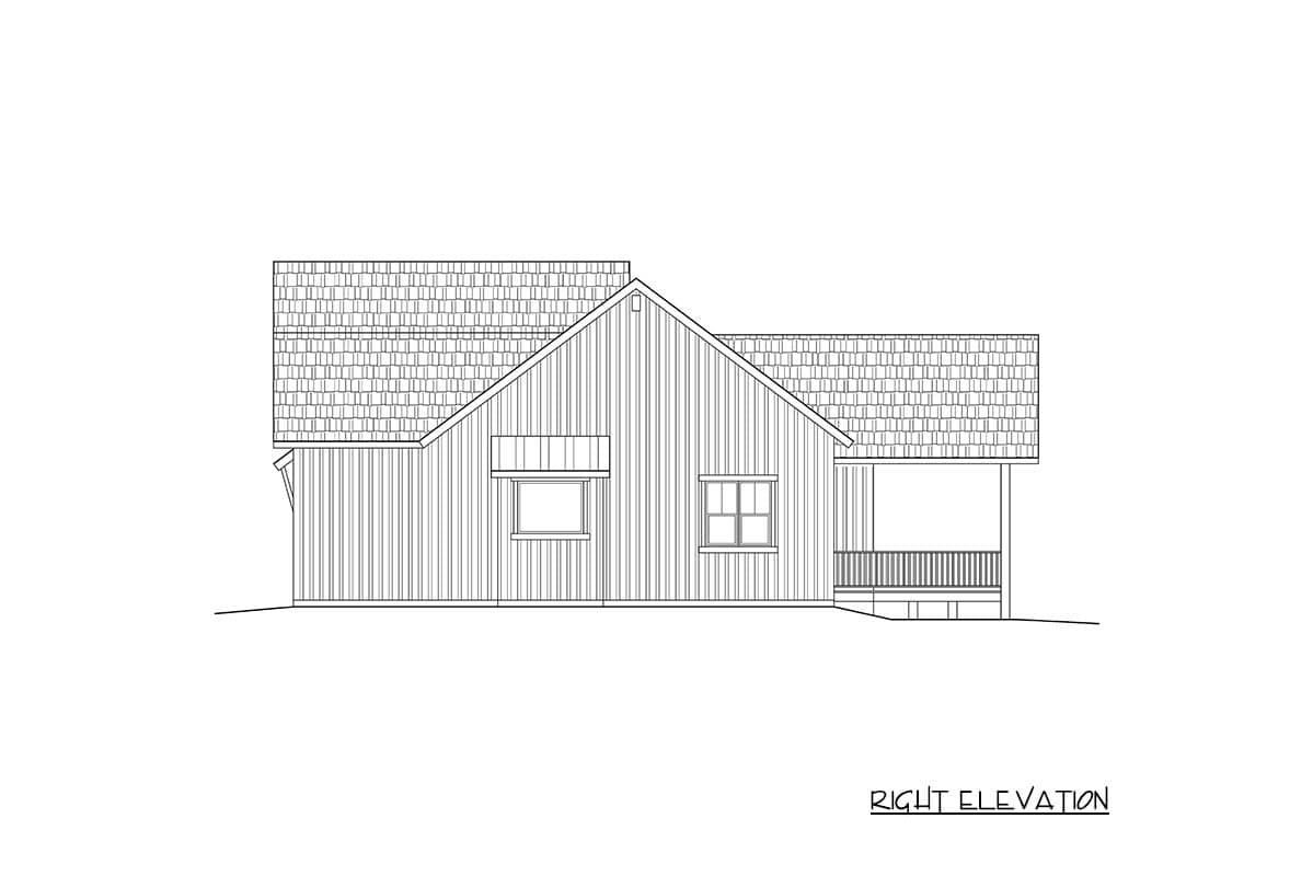 House plan right elevation drawing of a single-story home with vertical siding, gabled roof, and a covered porch.