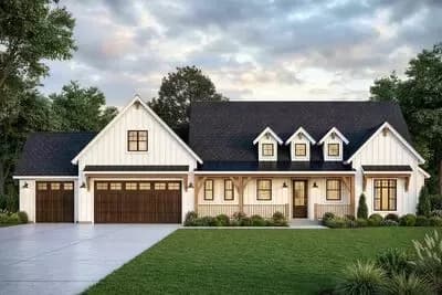 Modern Farmhouse House Plan with Flexible Living and Three Car Garage