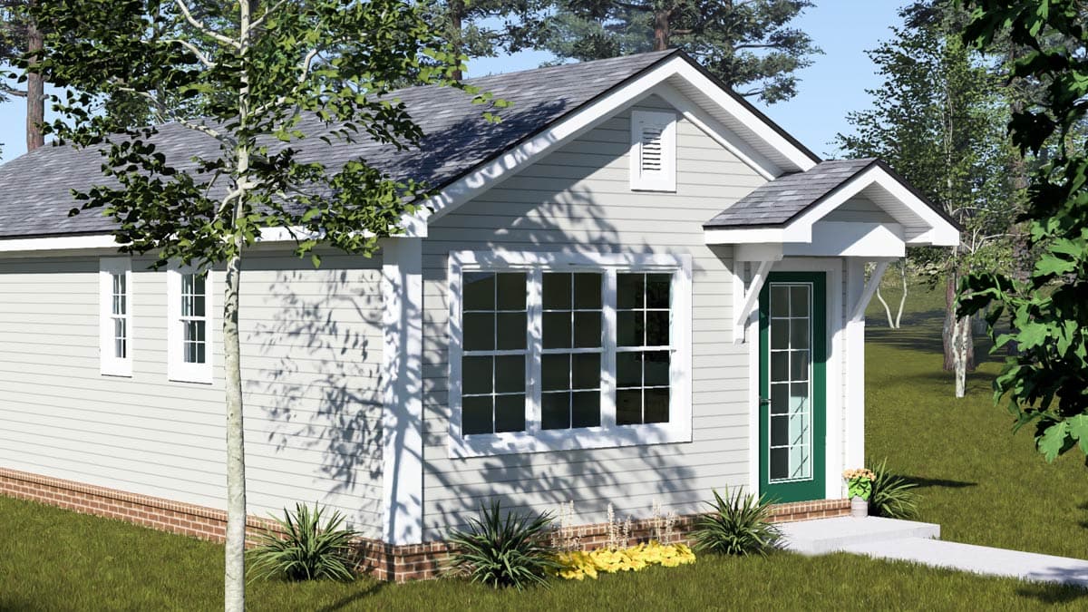 House plan exterior: One-story Cottage style with front porch, gabled dormer and visible side windows.