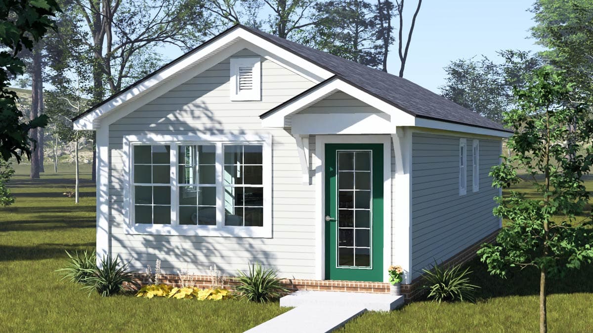 House plan exterior: one-story cottage style with front-facing gable, dormer window, and green paneled door.