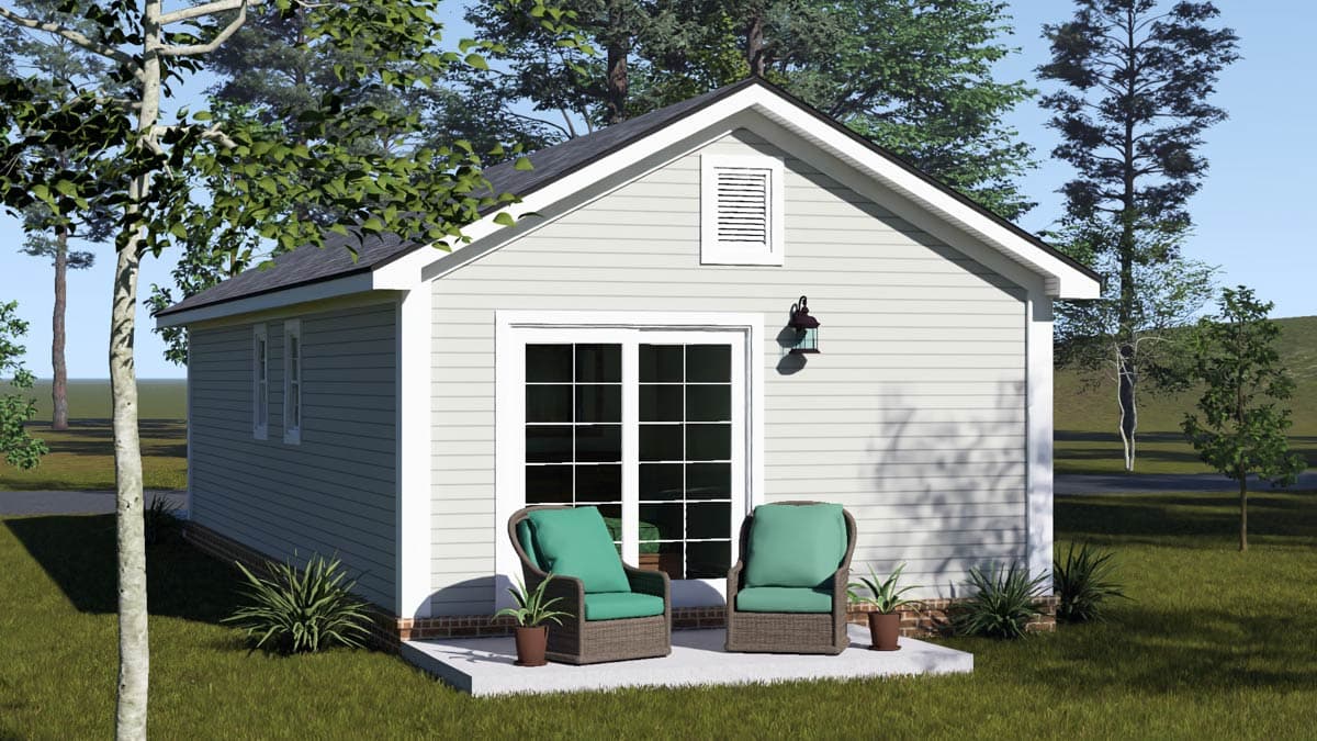 House plan exterior featuring double glass doors, a gable vent, and a small front patio with two chairs.