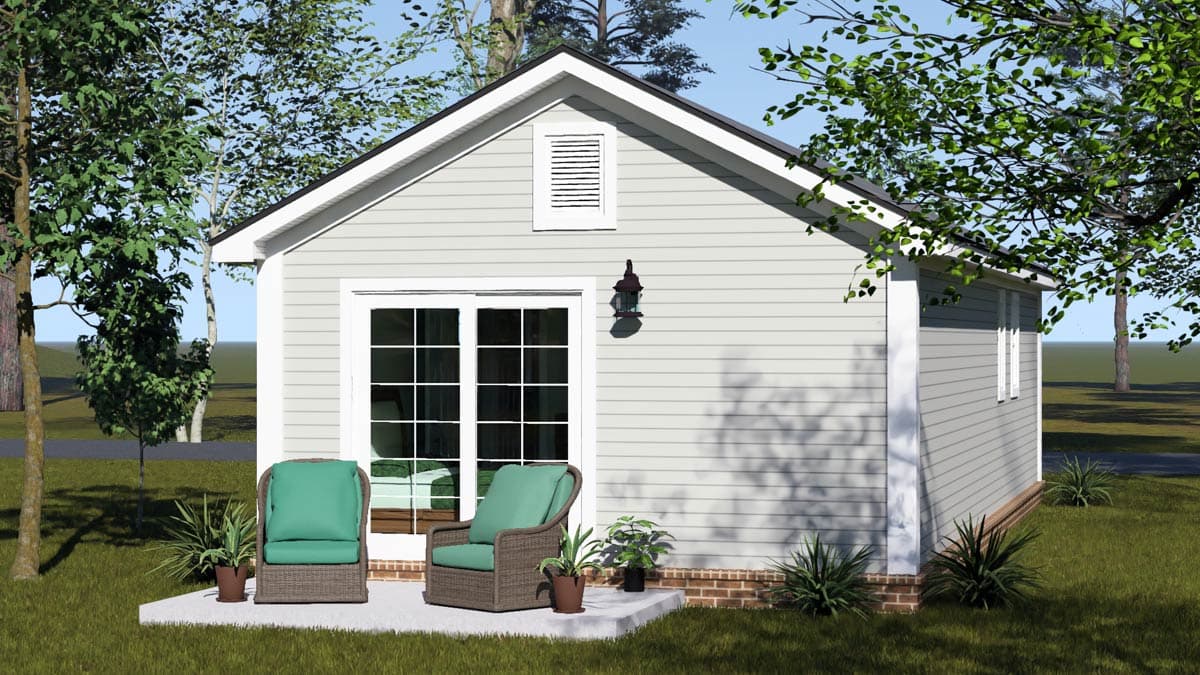 House plan exterior: single-story, gabled roof, dual pane sliding glass doors, and attic vent.