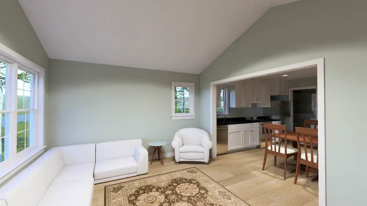 Interior rendering of a living room with sectional sofa, armchair, and open-concept view to kitchen and dining area with vaulted ceiling.