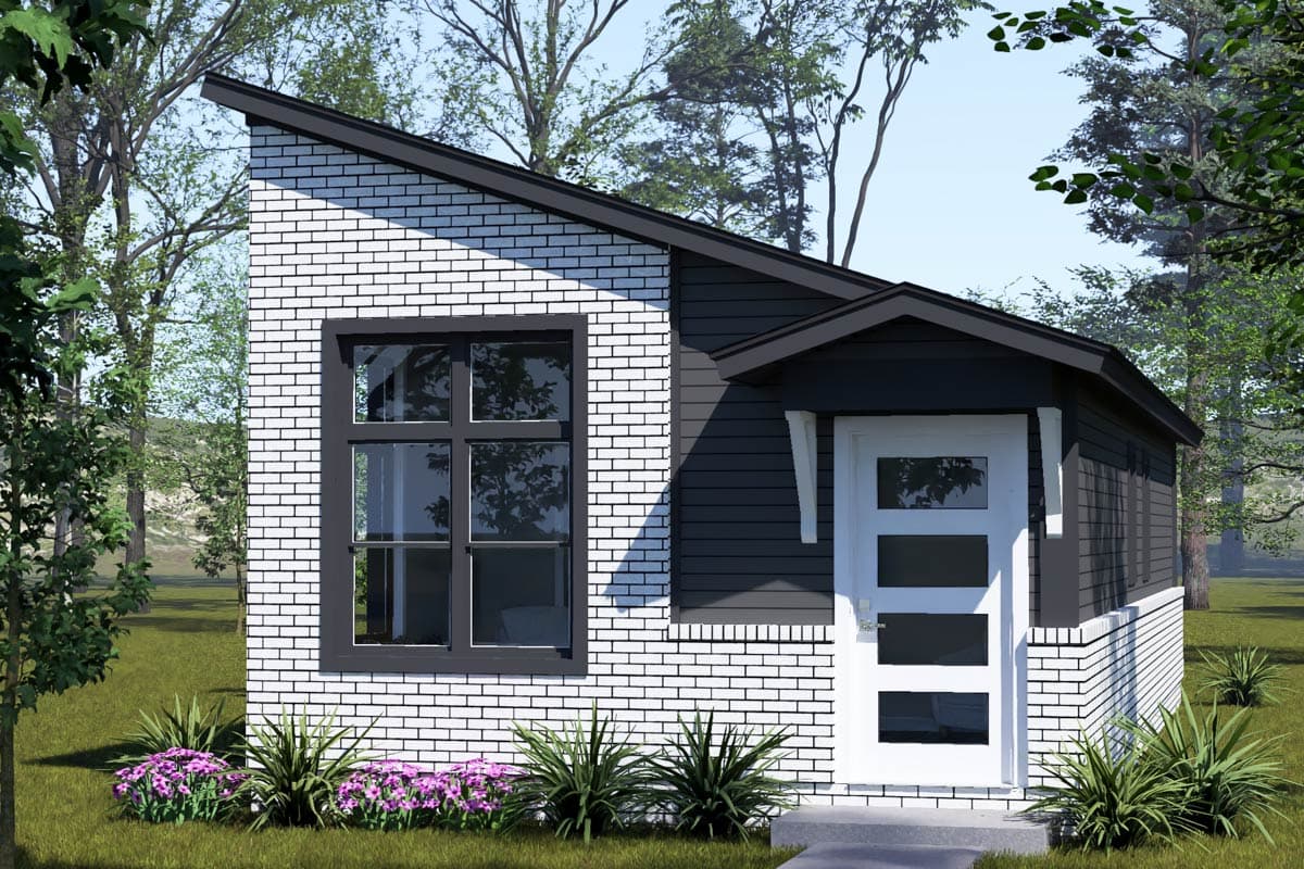 Modern house plan exterior with white brick and dark siding, asymmetrical roofline, and multi-pane door.