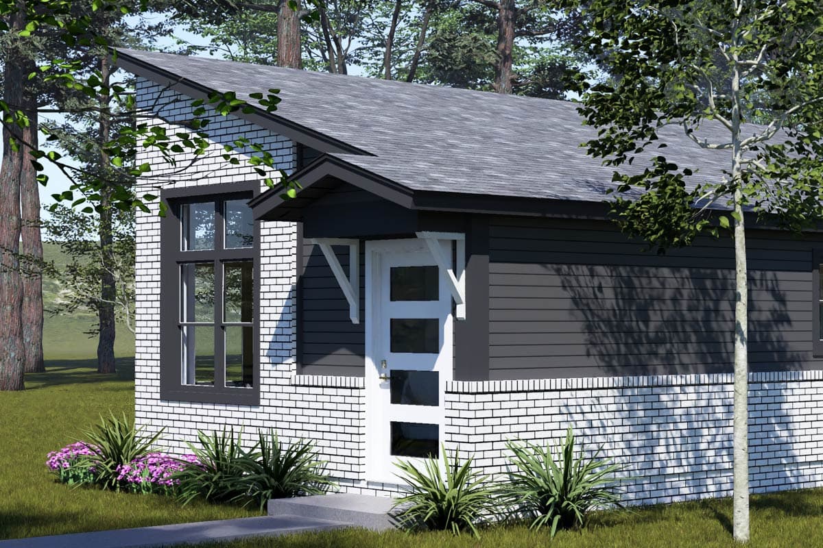 House plan exterior: one-story, white brick base, dark siding, gable roof, and a covered entry with glass-paneled door.