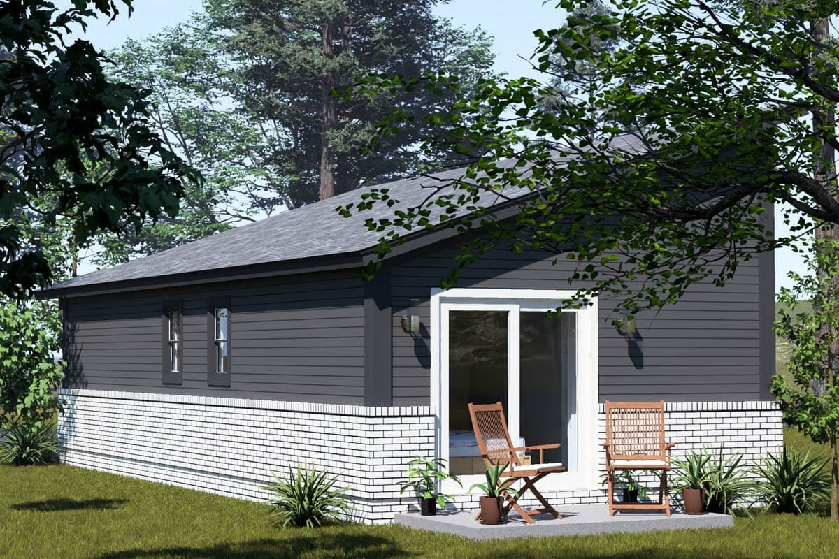 House plan exterior: Ranch style, single story, with dark siding, white brick foundation, and sliding glass doors.