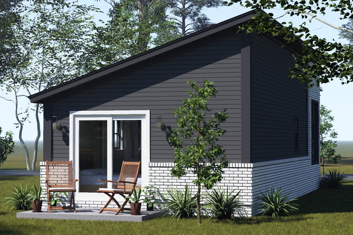 House plan exterior: one-story structure with dark horizontal siding, white brick base, and sliding glass doors.